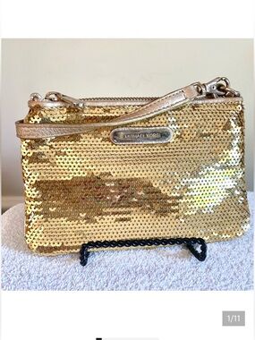 Micheal Kors vintage gold sequin wristlet wallet clutch with leather on the back